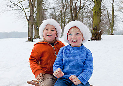 两个男孩,戴着,绒毛状,帽子,雪地
