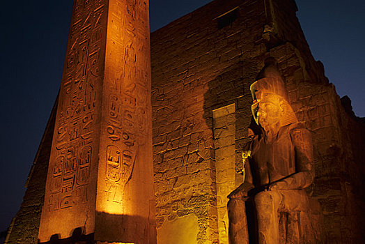 埃及,尼罗河,路克索神庙,卢克索神庙,入口,方尖塔,夜晚