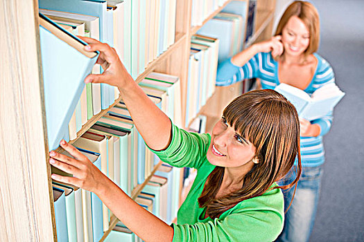 学生,图书馆,两个,高兴,女人,选择,书本,书架