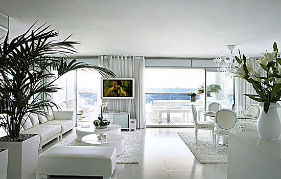 白色,现代,室内,休闲,就餐,家具,当代建筑,平台,海景