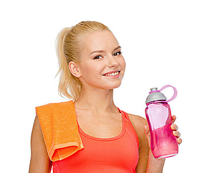 运动,练习,卫生保健,女人,橙色,毛巾,水瓶