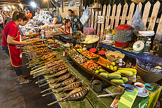 种类,烹饪,老挝,食物,售出,货摊,流行,晚间,食品市场,琅勃拉邦