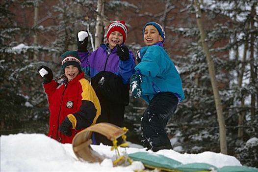 孩子,打雪仗,冬天,景色