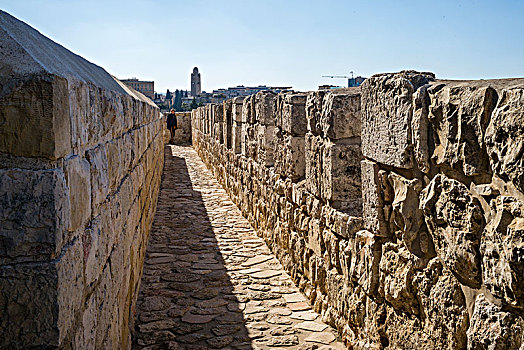 风景,墙壁,散步场所,围绕,老城,塔,背景,耶路撒冷,以色列