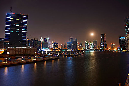 城市,夜晚,展示,迪拜,运河,阿联酋