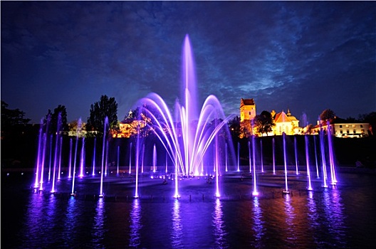 光亮,喷泉,夜晚,华沙,波兰