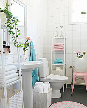 基座,水槽,架子,粉色,苍白,蓝色,毛巾,浴室,浪漫,气氛