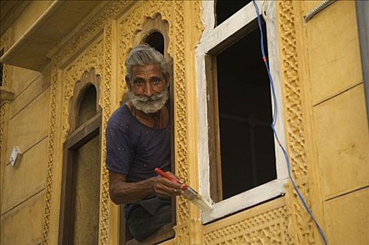 印度,描绘,黄色,房子,斋沙默尔,塔尔沙漠,拉贾斯坦邦,南亚