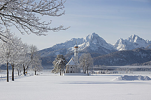 教堂,正面,雪山,冬天,史旺高,巴伐利亚,德国,欧洲