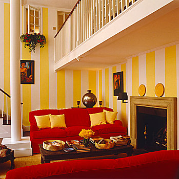凌乱,茶几,两个,大,红色,沙发,黄色,白色,条纹,生活方式,区域