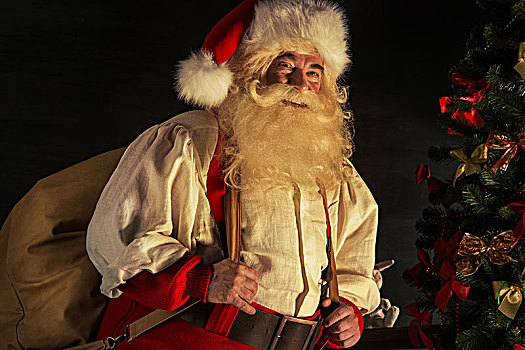 头像,圣诞老人,巨大,袋,礼物,室内,在家,靠近,圣诞树