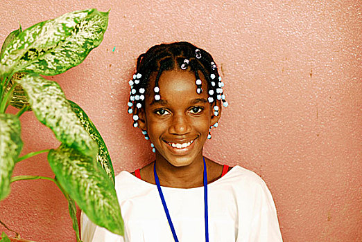 非洲,安哥拉,罗安达,头像,非洲人,女孩,白色,珠子,辫子,微笑,植物