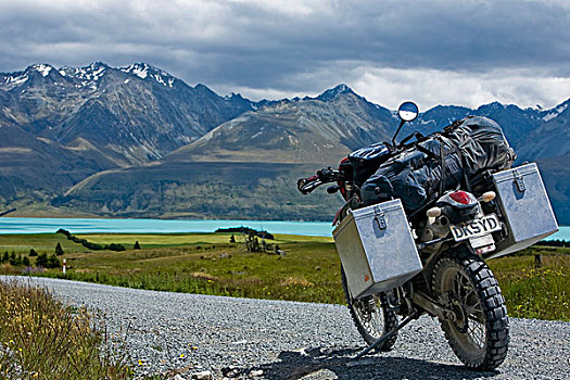 摩托车,碎石路,结冰,普卡基湖,景色,山峦,南岛,新西兰