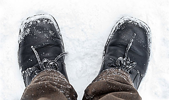 黑色,皮革,男人,鞋,脚,雪