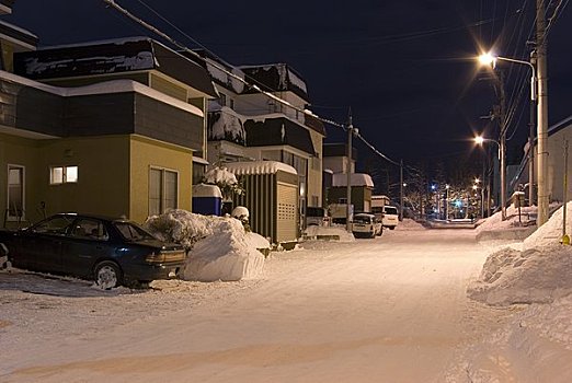 住宅区,雪,道路,冬天,夜晚