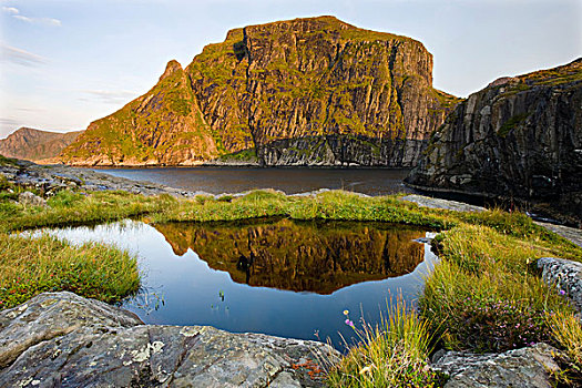 湖,靠近,岛屿,西部,罗弗敦群岛,挪威,斯堪的纳维亚,欧洲