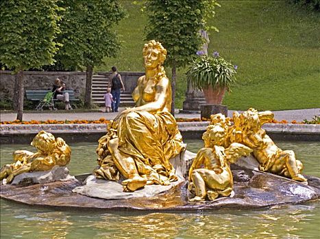 德国,巴伐利亚,上巴伐利亚,林德霍夫堡,公园,地面,金色,女人,喷泉,水