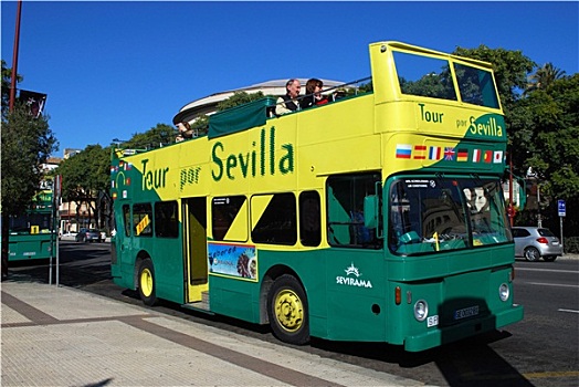 绿色,黄色,城市,旅游巴士,塞维利亚