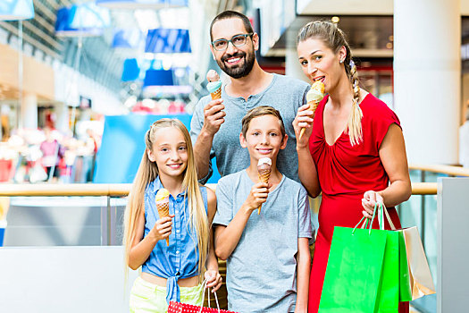 家庭,吃,冰淇淋,购物中心,包