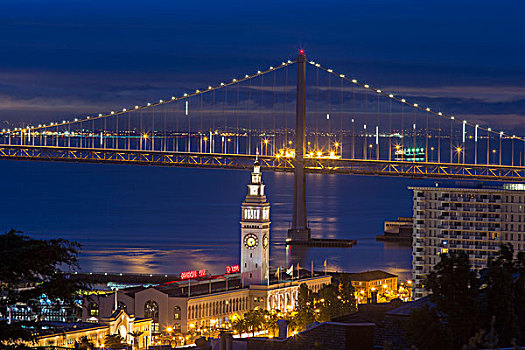 渡轮,建筑,海湾大桥,恩巴卡德罗,黎明,旧金山,加利福尼亚,美国