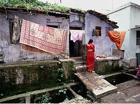 女人,悬挂,洗衣服,室外,瓦腊纳西,印度