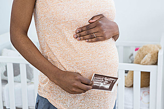 孕妇,拿着,超声波扫描,靠近,婴儿,婴儿床,房子