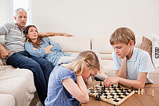 孩子,玩,下棋,正面,父母