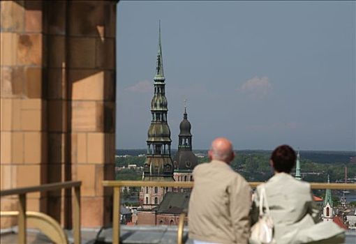 两个,游客,瞥视,屋顶,平台,拉脱维亚,学院,科学,里加