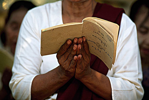 腰部,女人,拿着,书本,祈祷,缅甸