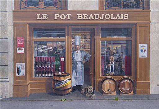 墙壁彩绘,壁画,容器,博若莱葡萄酒,里昂老城,法国