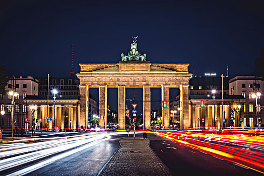 勃兰登堡门,痕迹,灯,光亮,夜晚,柏林,德国,欧洲