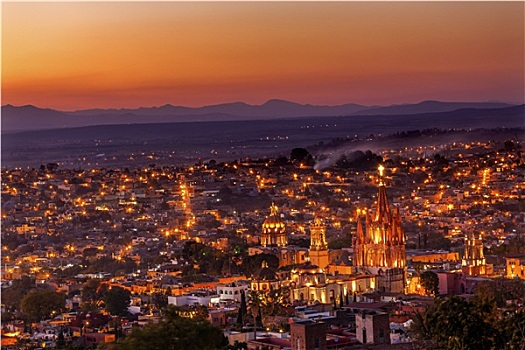 圣米格尔,墨西哥,俯瞰,日落,天使长,教堂