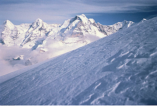 俯视,积雪,山峦,风景,少女峰,瑞士