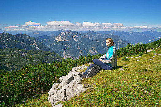 年轻,女士,放松,远足,享受,风景,高山,山,奥地利