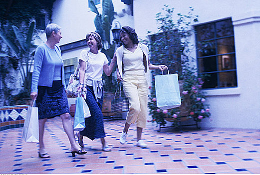 三个女人,走,户外,购物袋