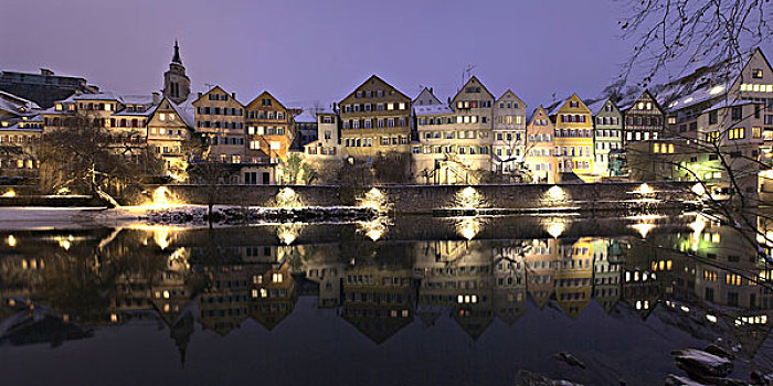 房子,反射,内卡河,河,巴登符腾堡,德国,欧洲