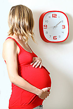 孕妇,钟表,看,厨房