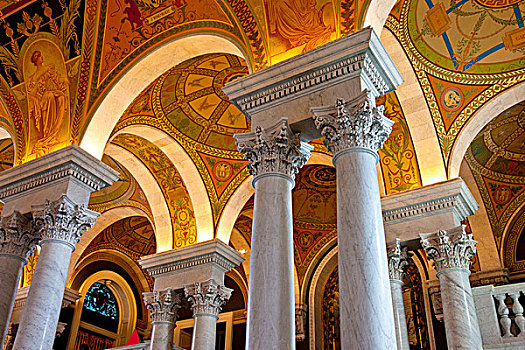 柱子,天花板,特写,室内,杰斐逊,图书馆,国会,华盛顿特区,美国