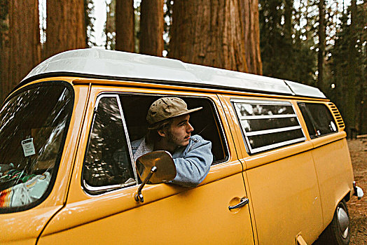 男人,驾驶,野营车,红杉国家公园,加利福尼亚,美国