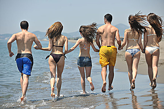 高兴,人,群体,开心,跑,跳跃,海滩,美女,沙子