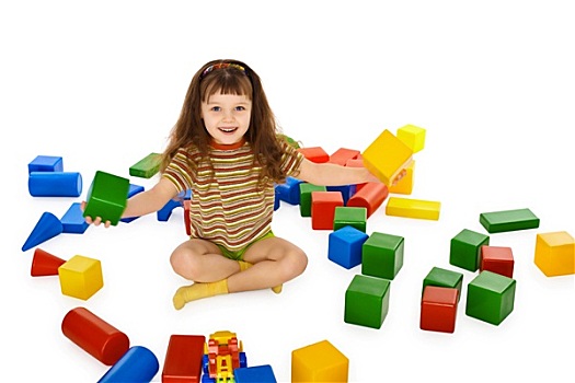 小女孩,玩,彩色,立方体,地板