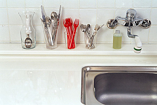 勺子,叉子,室内,玻璃,靠近,厨房,水槽