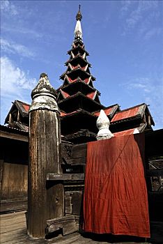 长袍,嗜好,木墙,寺庙,柚木,佛塔,曼德勒,缅甸,东南亚