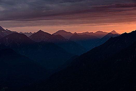 日落,上方,阿尔卑斯山,后面,加米施帕藤基兴