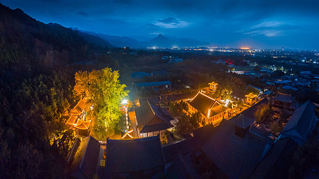 航拍西安古观音禅寺终南禅寺夜景