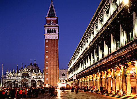 广场,夜景,威尼斯,威尼托,意大利,欧洲