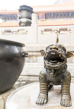 北京颐和园古建筑门前的神兽雕像