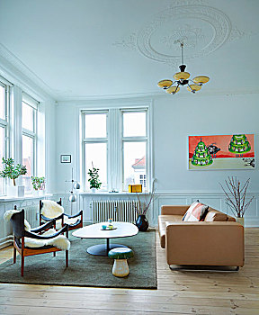 扶手椅,白色,毛皮,毯子,淡棕色,皮沙发,茶几,上面,客厅,艺术装饰,吊灯,粉饰灰泥,天花板