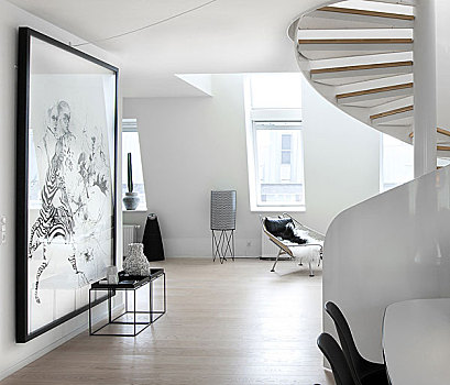 现代,公寓,哥本哈根,白色,墙壁,木地板,艺术,简约,风格,螺旋,楼梯