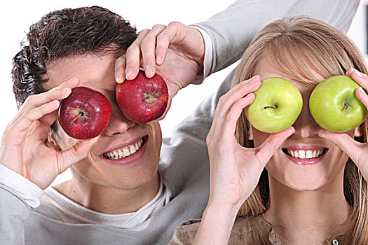 男人,女人,遮盖,眼睛,苹果